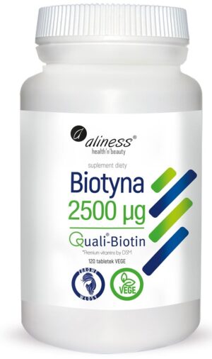 860671c7e583d24db377b6ec8f8acb6a.jpg Biotyna QualiBiotin 2500 mcg 120 tabletek VEGE Aliness