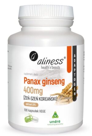 Alines-packshot-szerszy-NEW-2023-PANAX-ZEN-SZEN-net.jpg Panax Ginseng (żeń-szeń koreański) 20% 400mg 100 kap. Vege Aliness