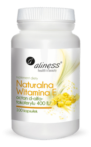 Alines-packshot-wezszy-NEW-2023-wit-E.png Naturalna witamina E 400IU D-alfa-tokoferyl 100 kaps. Aliness