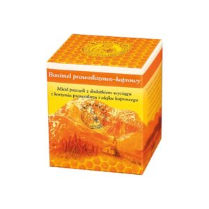 Bonimel-prawoslazowo-koprowy.jpg Bonimel prawoślazowo-koprowy miód pszczeli z dodatkiem wyciągu z korzenia prawoślazu i olejku koprowego 250g Bonimed