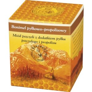 Bonimel-pylkowo-propolisowy-600x600-1.jpg Bonimel pyłkowo-propolisowy miód pszczeli z dodatkiem pyłku pszczelego i propolisu 250g Bonimed