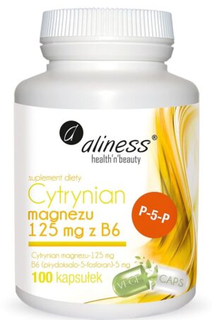 e651b30aff26256ed3b229af2f53b51d.jpg Cytrynian Magnezu 125 mg z B6 (P-5-P) 100 VEGE kaps. Aliness