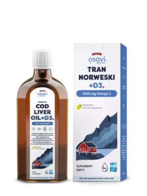 Tran Norweski + D3, 1000 mg Omega 3, naturalny aromat cytrynowy 250ml Osavi