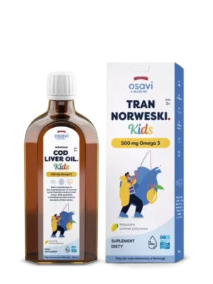 Tran norweski Kids, 500 mg Omega 3, naturalny aromat cytrynowy 250 ml Osavi