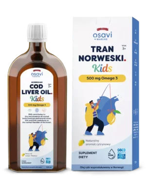 Tran norweski Kids, 500 mg Omega 3, naturalny aromat cytrynowy 500 ml Osavi