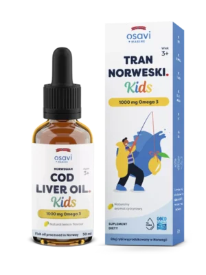 Tran Norweski Kids, 1000 mg Omega 3, naturalny aromat cytrynowy 50 ml Osavi