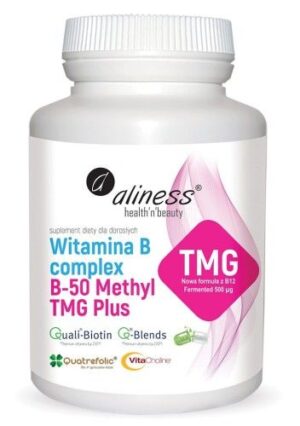 packshot-B50-TMG-net.jpg Witamina B complex B-50 METHYL TMG PLUS 100 VEGE kaps. Vege Aliness