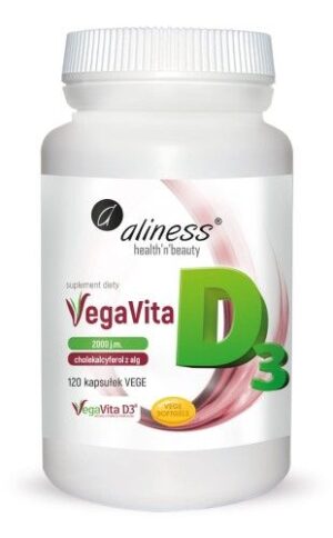 vegavita.jpg Naturalna witamina D3 z alg VEGAN 2000 j.m. 120 kaps. Vege Aliness