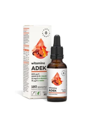 Witamina ADEK - A (800 µg) + D3 (2000IU) + E (12 mg) + K2MK7 (75 µg) krople 30ml Aura Herbals