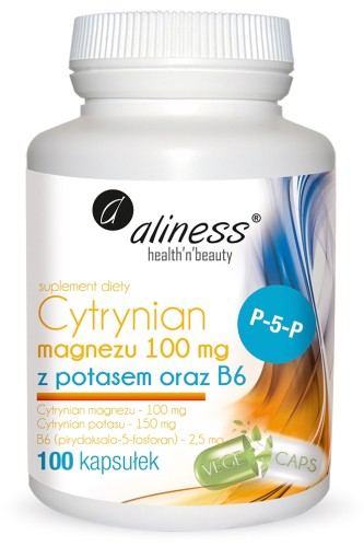 500_500_productGfx_1233d50e3018cfe2a2fde537944be72a Aliness Cytrynian Magnezu 100 mg + Potas 150 mg + Witamina B6 (P-5-P) – 100 kapsułek VEGE