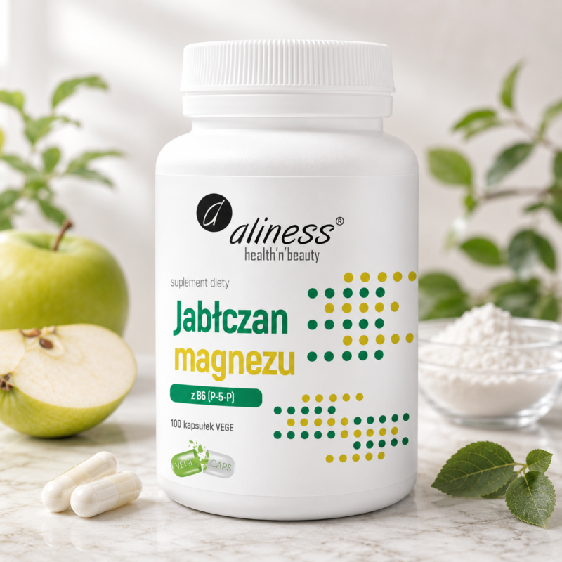 Jabłczan magnezu Aliness Jabłczan Magnezu 100 mg z B6 P-5-P – aktywna forma witaminy B6 | 100 kapsułek VEGE