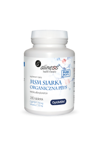MSM-Siarka-Organiczna-PLUS-x-180-tabletek Aliness MSM Siarka Organiczna PLUS OptiMSM® 750 mg + Witamina C 50 mg | 180 tabletek VEGE