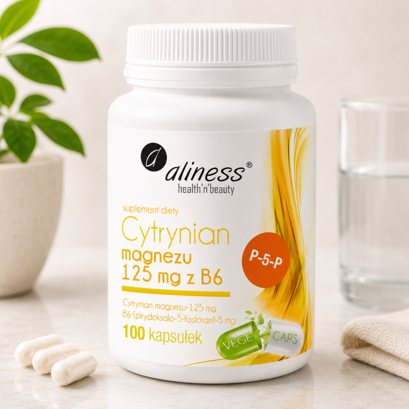 Aliness Cytrynian Magnezu 125 mg + Witamina B6 (P-5-P) – 100 kapsułek VEGE