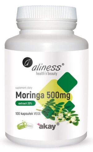 Moringa-500mg-net Aliness Moringa ekstrakt 20% 500 mg | 100 kapsułek VEGE | suplement diety