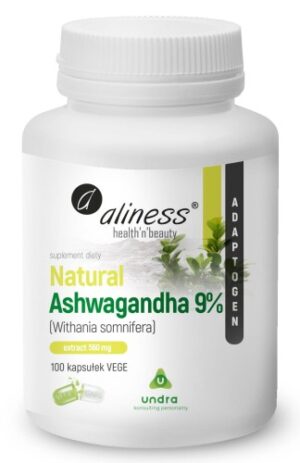 PACKSHOT_ASHWAGANDHA-560-net Aliness Natural Ashwagandha 9% | 100 kapsułek VEGE | suplement diety