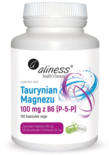 Taurynian-Magnezu-100-mg-z-B6-P-5-P-x-100-vege-caps Aliness Taurynian Magnezu 100 mg + Witamina B6 (P-5-P) – 100 kapsułek VEGE
