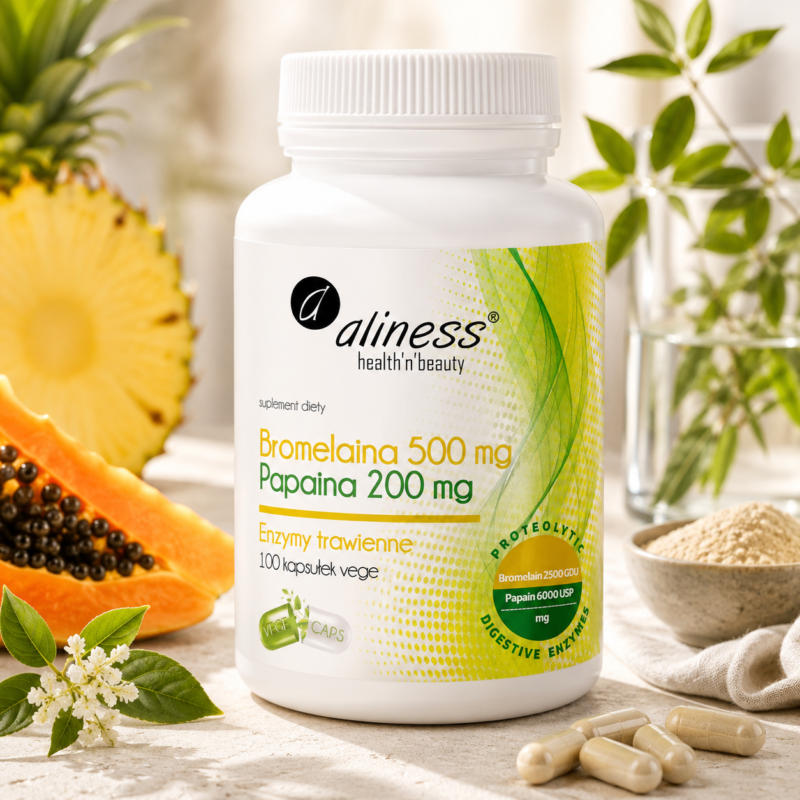 bromelaina Aliness Bromelaina 500 mg + Papaina 200 mg – 100 kapsułek VEGE
