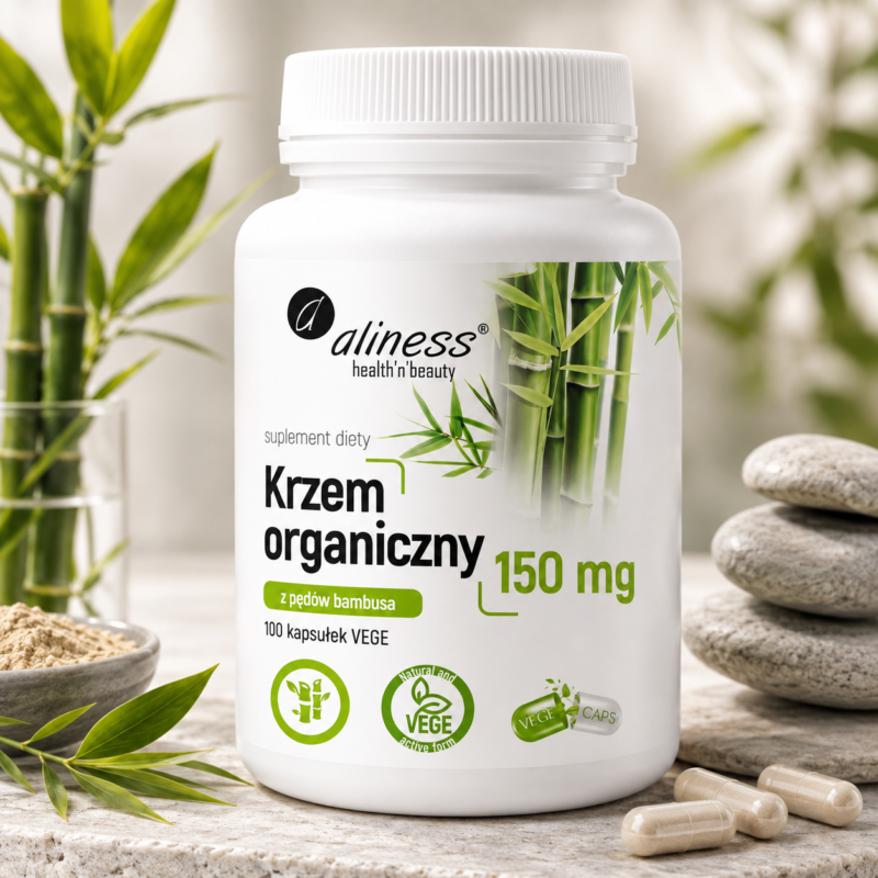 Aliness Krzem organiczny 150 mg z pędów bambusa | 100 kapsułek VEGE | włosy, skóra, paznokcie, kości