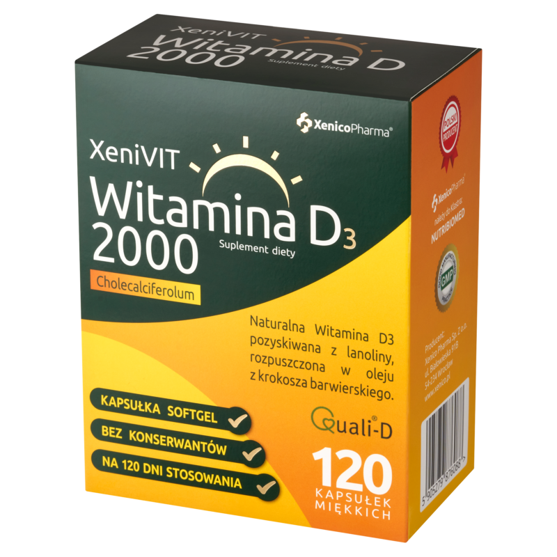 5905279876088 XeniVIT Witamina D 2000 (120 szt.) – Słoneczna Witamina w Oleju z Krokosza