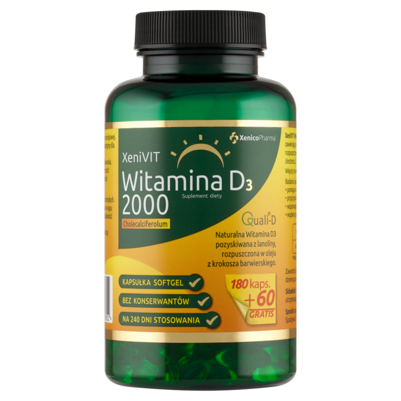 5905279876552 XeniVIT Witamina D 2000 (240 szt.) – Rodzinny Zapas Słońca (Olej Krokoszowy)