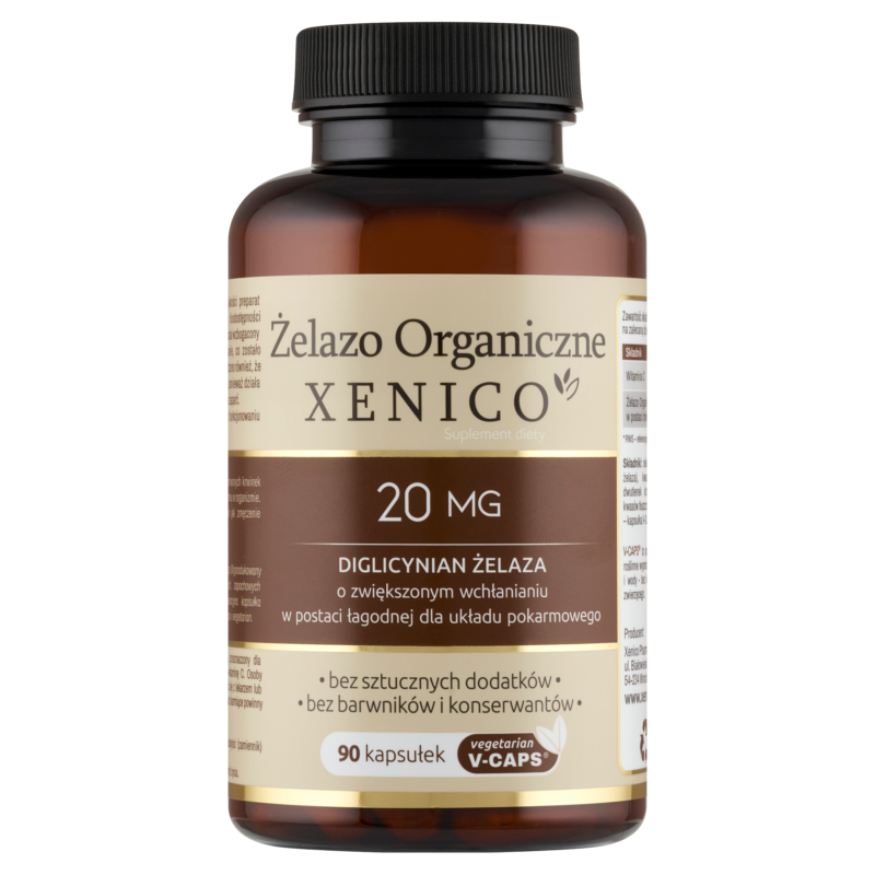 Żelazo Organiczne Xenico® (90 szt.) – Chelat z Witaminą C (Energia bez Bólu Brzucha)