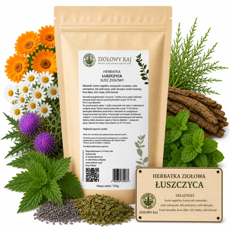 Łuszczyca z tabliczką Herbatka ziołowa łuszczyca Ziołowy Raj