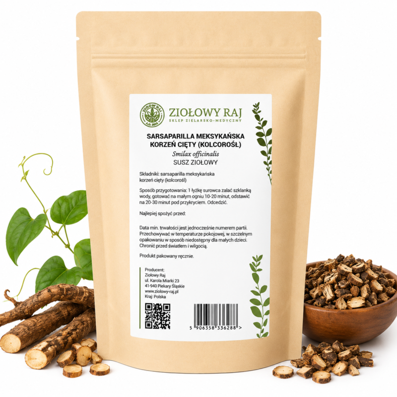 Sarsaparilla meksykańska kolcorośl prosta Sarsaparilla meksykańska korzeń cięty (Smilax) 50g Ziołowy Raj